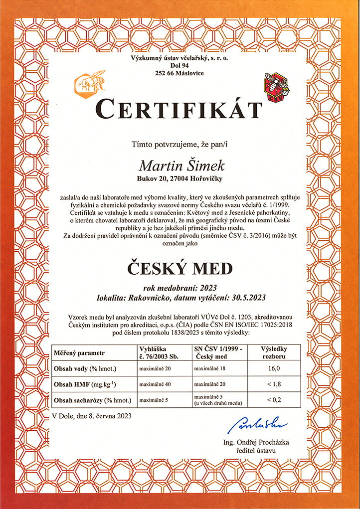 Certifikát ČESKÝ MED 2023