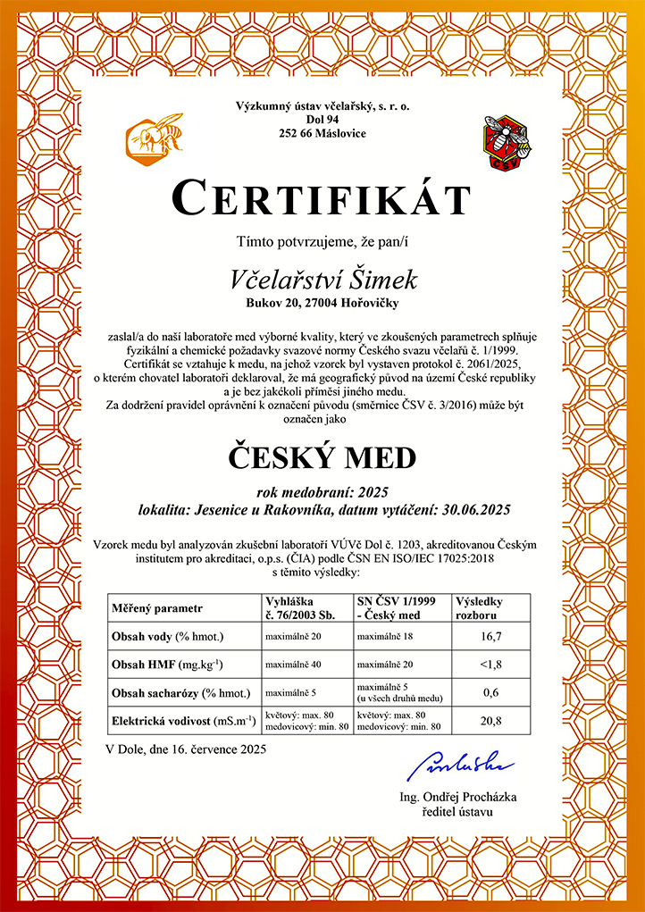 Certifikát ČESKÝ MED 2025