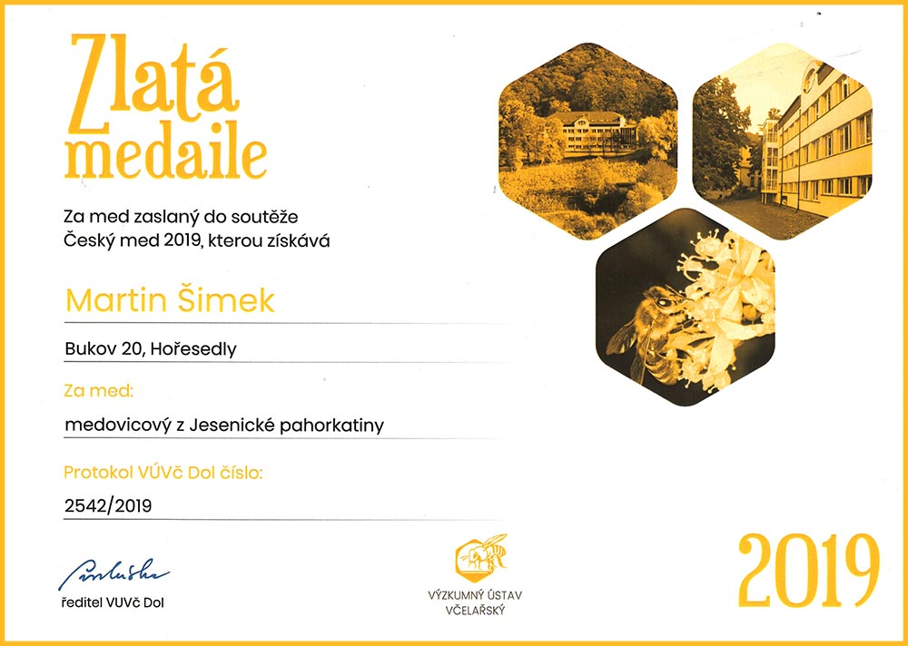 Zlatá medaile za medovicový med v soutěži Český med
