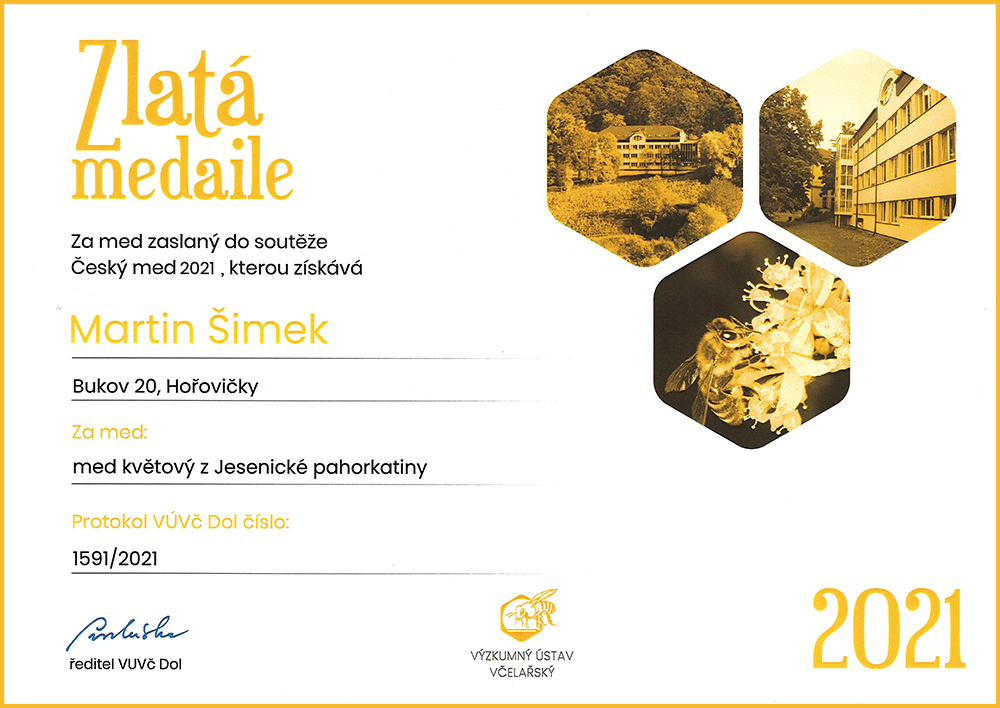 Zlatá medaile za květový med v soutěži Český med