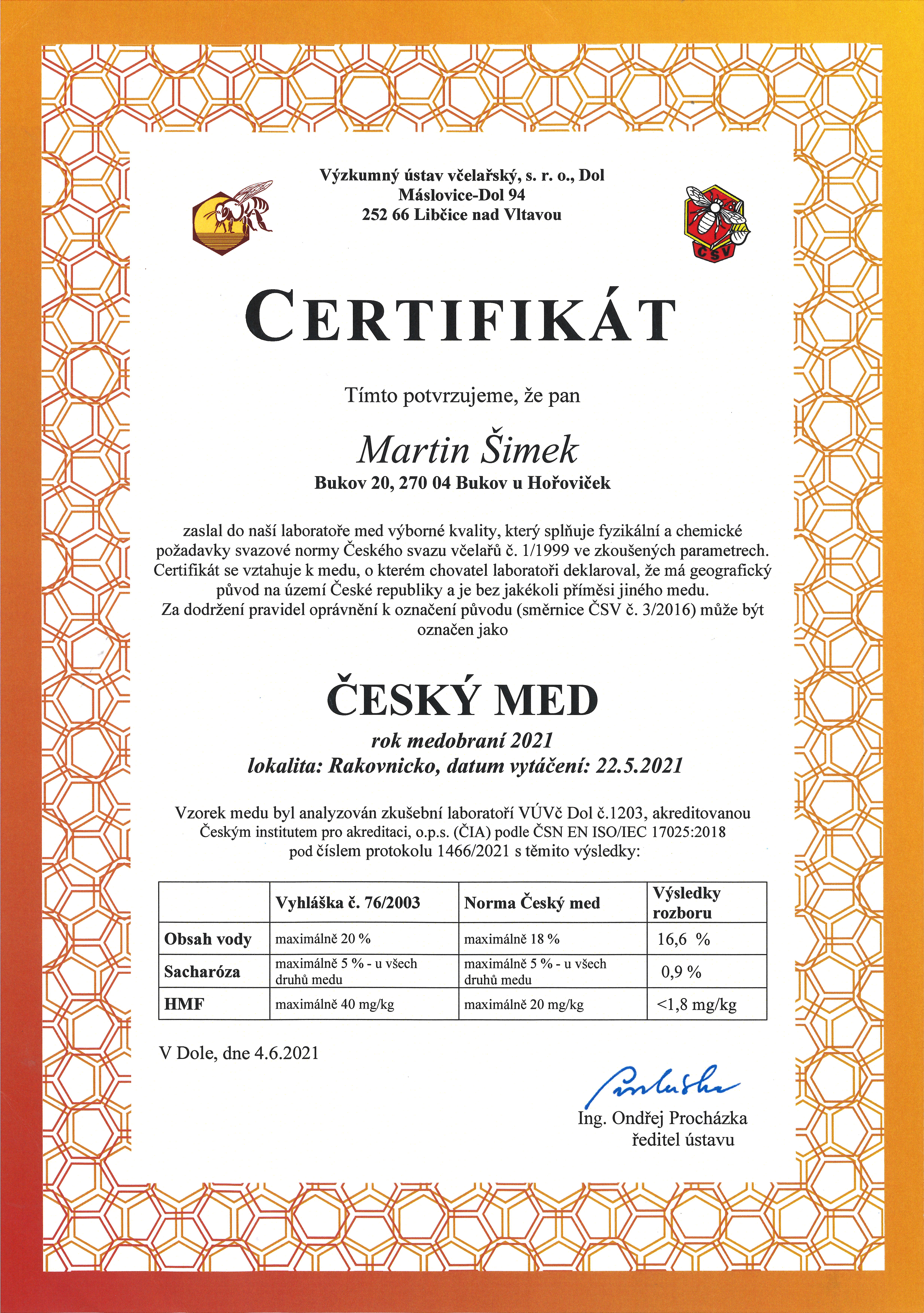 Certifikát ČESKÝ MED 2021