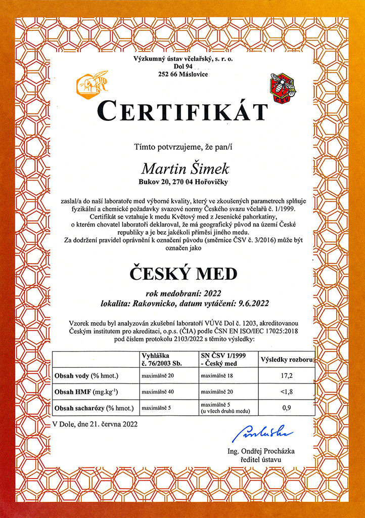 Certifikát ČESKÝ MED 2022